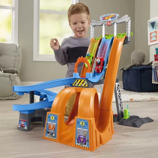 FisherPrice Little People Toddler Toy Hot Wheels Racing Loops Tower Race Track with Stunt Ramp ampamp Sounds for Pretend Play Ages 18 MonthsStandard Packaging