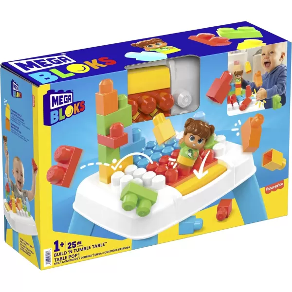 Mega BLOKS FisherPrice Toddler Blocks Toy Set Build n Tumble Activity Table with 25 Pieces and Storage 1 Figure Blue Ages 1 Years