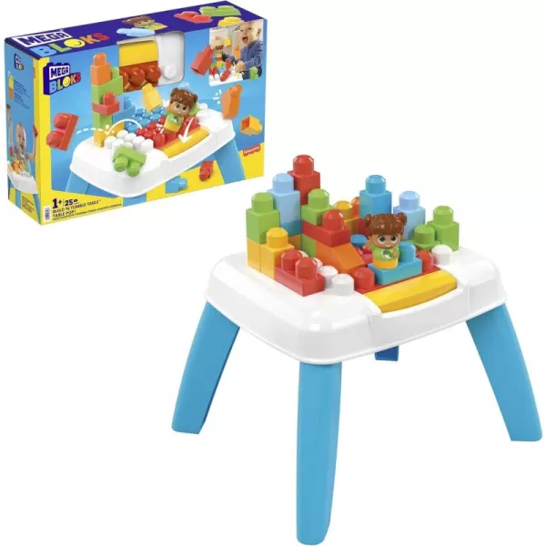 Mega BLOKS FisherPrice Toddler Blocks Toy Set Build n Tumble Activity Table with 25 Pieces and Storage 1 Figure Blue Ages 1 Years