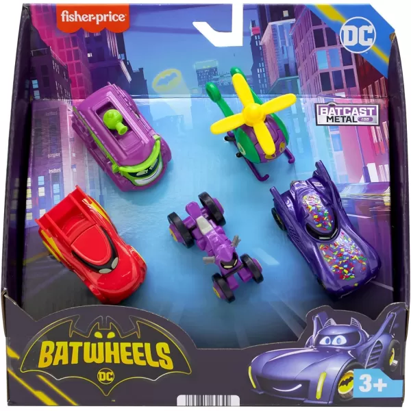 imageFisherPrice DC Batwheels 155 Scale Toy Cars 5Pack Bam Batmobile Redbird Prank Bibi ampamp Quizz Batcast Metal Diecast Vehicles Ages 35pack of Cars