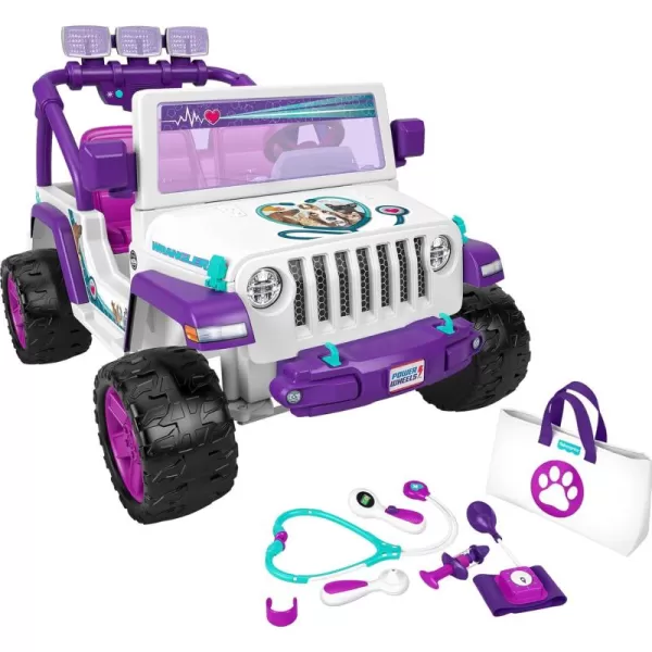 imagePower Wheels Preschool RideOn Toy Happy Hound Vet Rescue Jeep Wrangler with Pretend Medical Kit for Preschool Kids Ages 3 YearsPet Vet Jeep