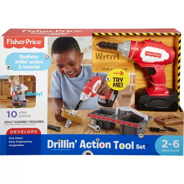 imageFisherPrice Preschool Toy Drillin Action Tool Set with Sounds 10 Pieces for Construction Pretend Play for Kids Ages 3 Years