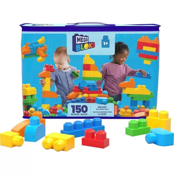 imageMEGA BLOKS First Builders Toddler Blocks Toys Set Deluxe Building Bag with 150 Pieces and Storage Blue Ages 1 Years