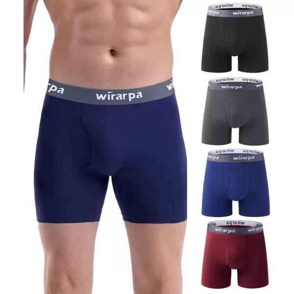 imagewirarpa Mens Boxer Briefs Cotton Stretch Underwear Open Fly Tagless Underpants Regular Leg 4 PackPackBlackDeep BlueRedDeep Grey
