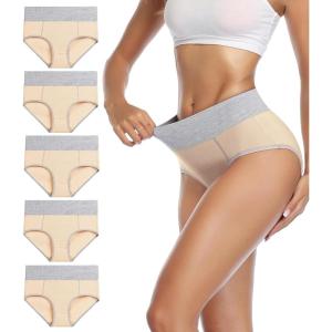 imagewirarpa Womens Cotton Underwear High Waist Stretch Briefs Soft Underpants Ladies Full Coverage Panties 5 PackBeige