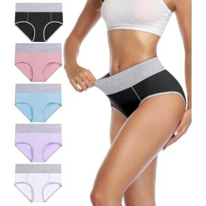 imagewirarpa Womens Cotton Underwear High Waist Stretch Briefs Soft Underpants Ladies Full Coverage Panties 5 PackBlack  Pink  Light Blue  Light Purple  White