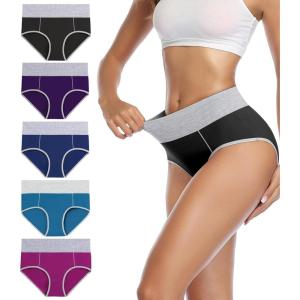 imagewirarpa Womens Cotton Underwear High Waist Stretch Briefs Soft Underpants Ladies Full Coverage Panties 5 PackBlack blue teal purple purplish Red
