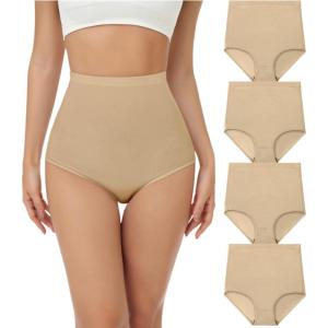 imagewirarpa Womens Underwear Cotton Super High Waisted Briefs Stretch Full Coverage Panties 4 PackBeige
