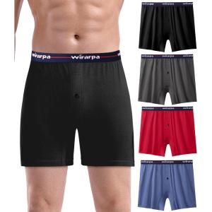 imagewirarpa Mens Boxer Underwear 100 Cotton Boxers Loose Boxer Shorts Button Fly 4 PackBlackGreyRedBlue