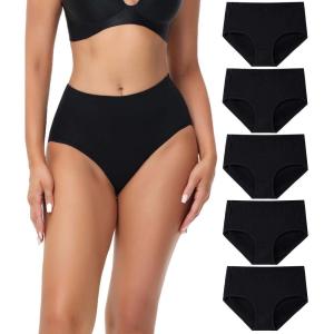 imagewirarpa Womens Cotton High Waisted Underwear Full Coverage Cotton Brief Panties 5 PackBlack5p