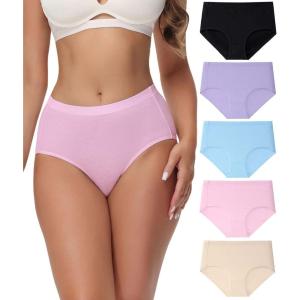 imagewirarpa Womens Cotton High Waisted Underwear Full Coverage Cotton Brief Panties 5 PackBlackLight PurpleLight BluePinkBeige
