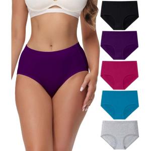 imagewirarpa Womens Cotton High Waisted Underwear Full Coverage Cotton Brief Panties 5 PackBlackPurpleRedTealGrey
