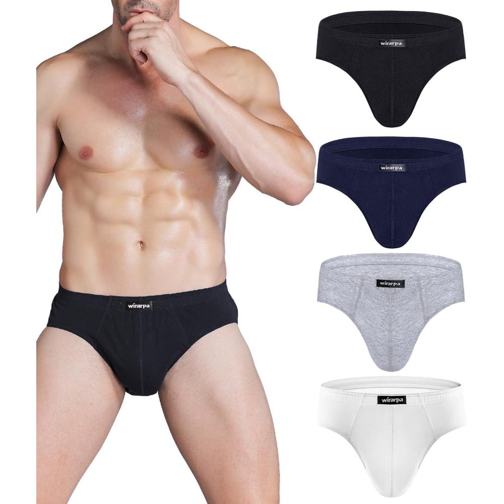 imagewirarpa Mens 100 Cotton Briefs Underwear No Fly Covered Waistband 4 PackBlackDark BlueLight GreyWhite