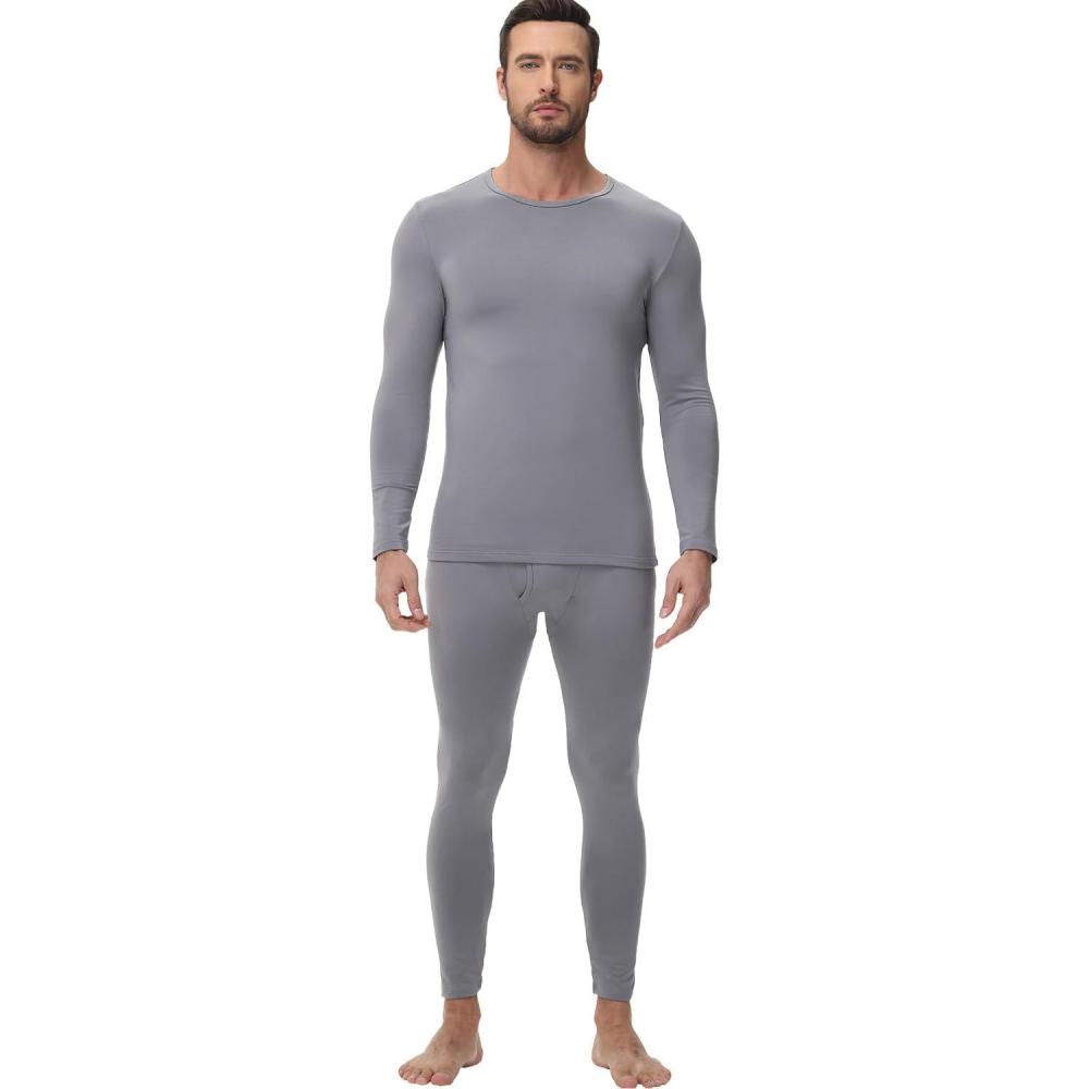 imagewirarpa Mens Long Johns Thermal Underwear Set Fleece Lined Base Layer Long Sleeve Top and Bottom for Winter WarmthLight Grey
