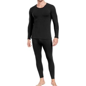 imagewirarpa Mens Cotton Long Johns Thermal Underwear Set Base Layer Lightweight Long Sleeve Top and BottomBlack