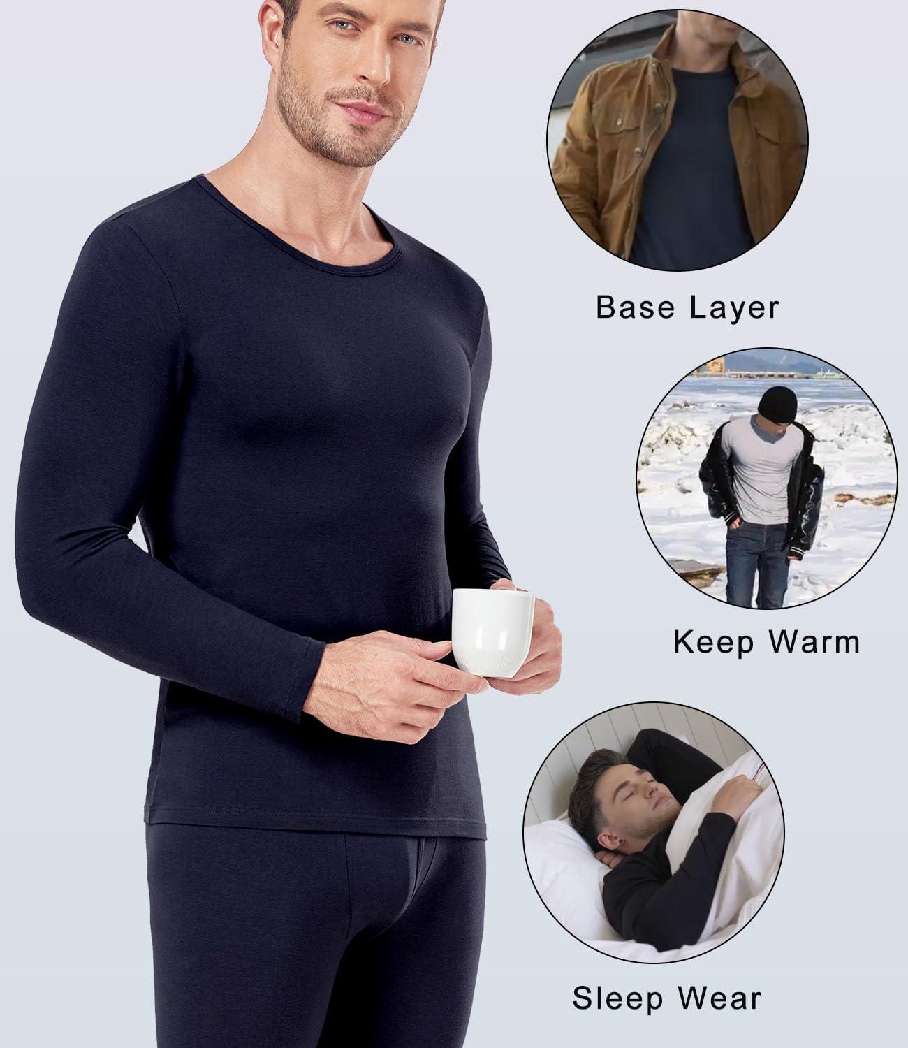 imagewirarpa Mens Cotton Long Johns Thermal Underwear Set Base Layer Lightweight Long Sleeve Top and BottomNavy