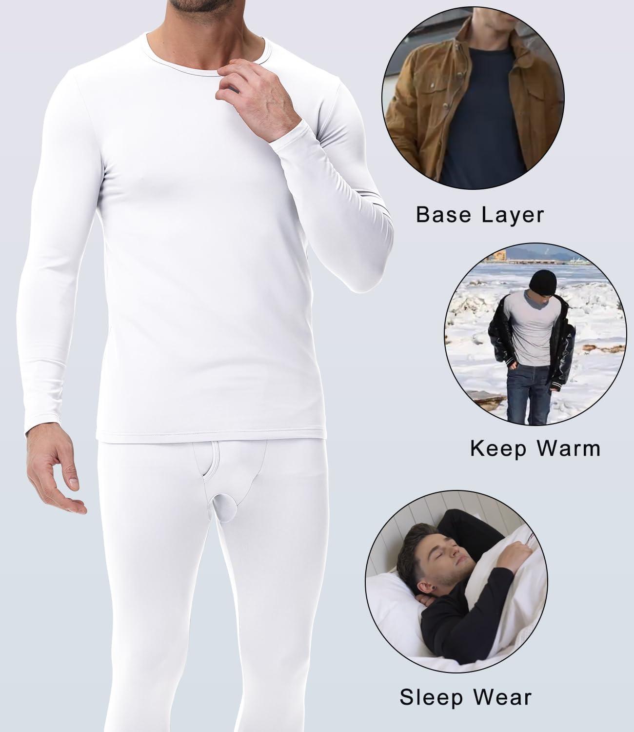 imagewirarpa Mens Cotton Long Johns Thermal Underwear Set Base Layer Lightweight Long Sleeve Top and BottomWhite