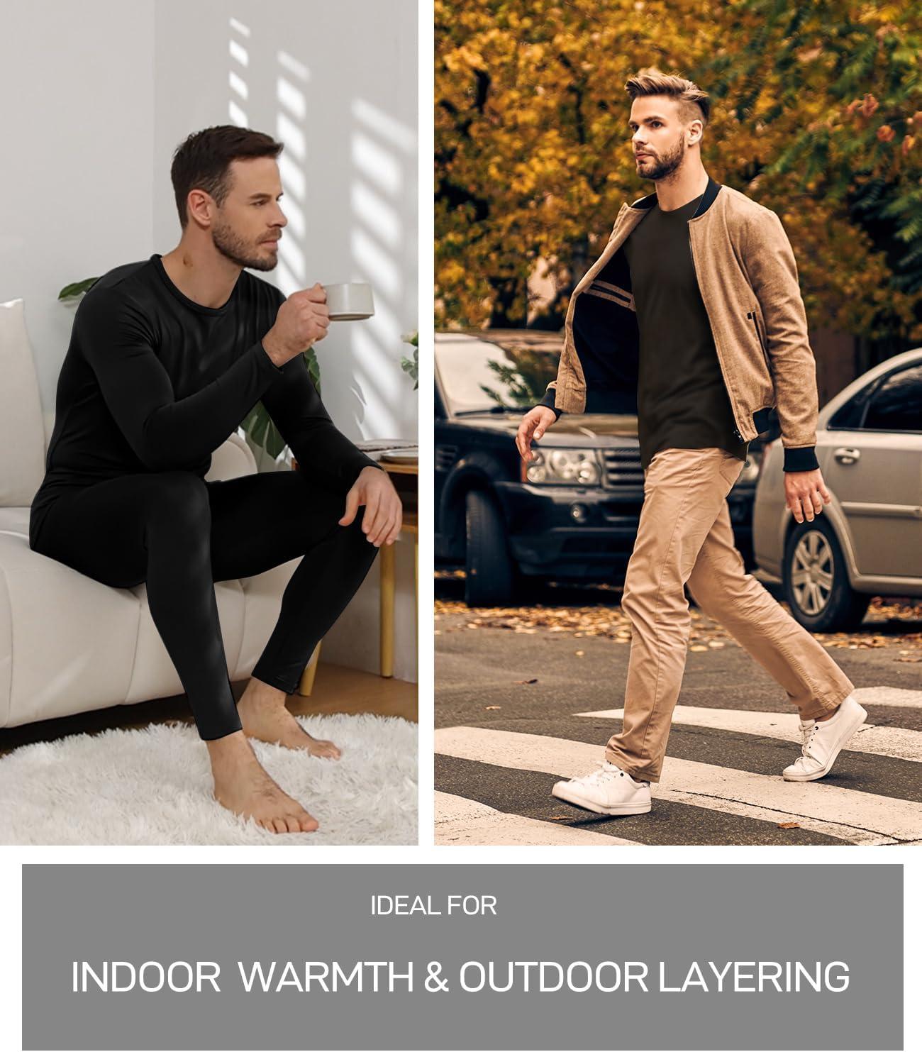 imagewirarpa Mens Long Johns Thermal Underwear Set Fleece Lined Base Layer Long Sleeve Top and Bottom for Winter WarmthBlack