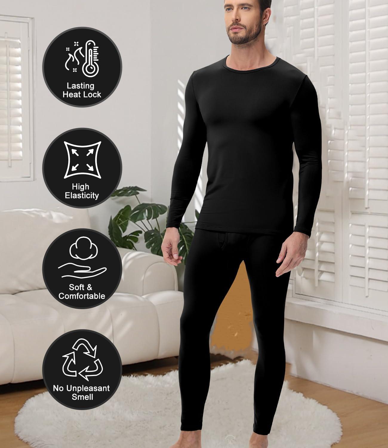imagewirarpa Mens Long Johns Thermal Underwear Set Fleece Lined Base Layer Long Sleeve Top and Bottom for Winter WarmthBlack