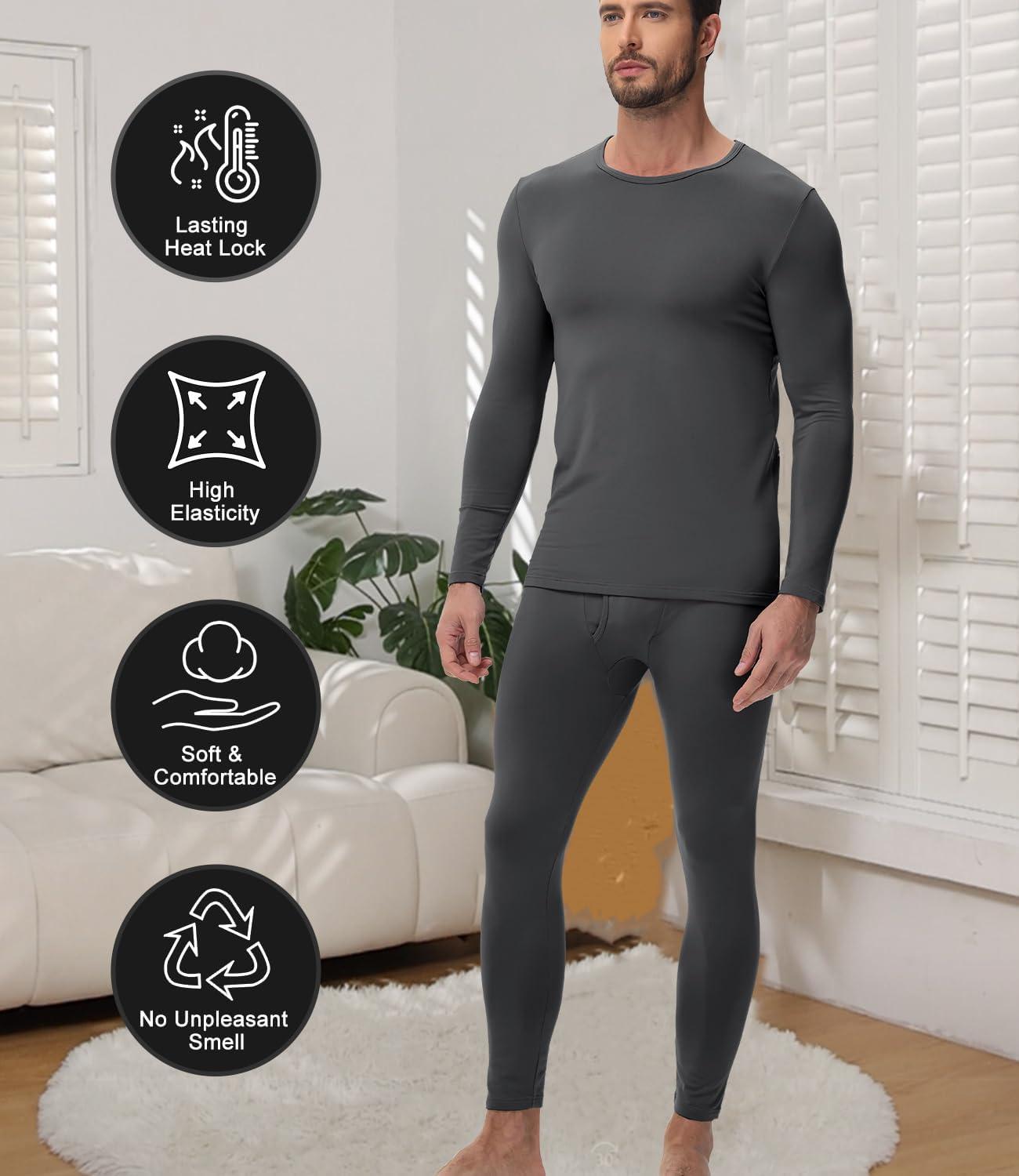 imagewirarpa Mens Long Johns Thermal Underwear Set Fleece Lined Base Layer Long Sleeve Top and Bottom for Winter WarmthDark Grey