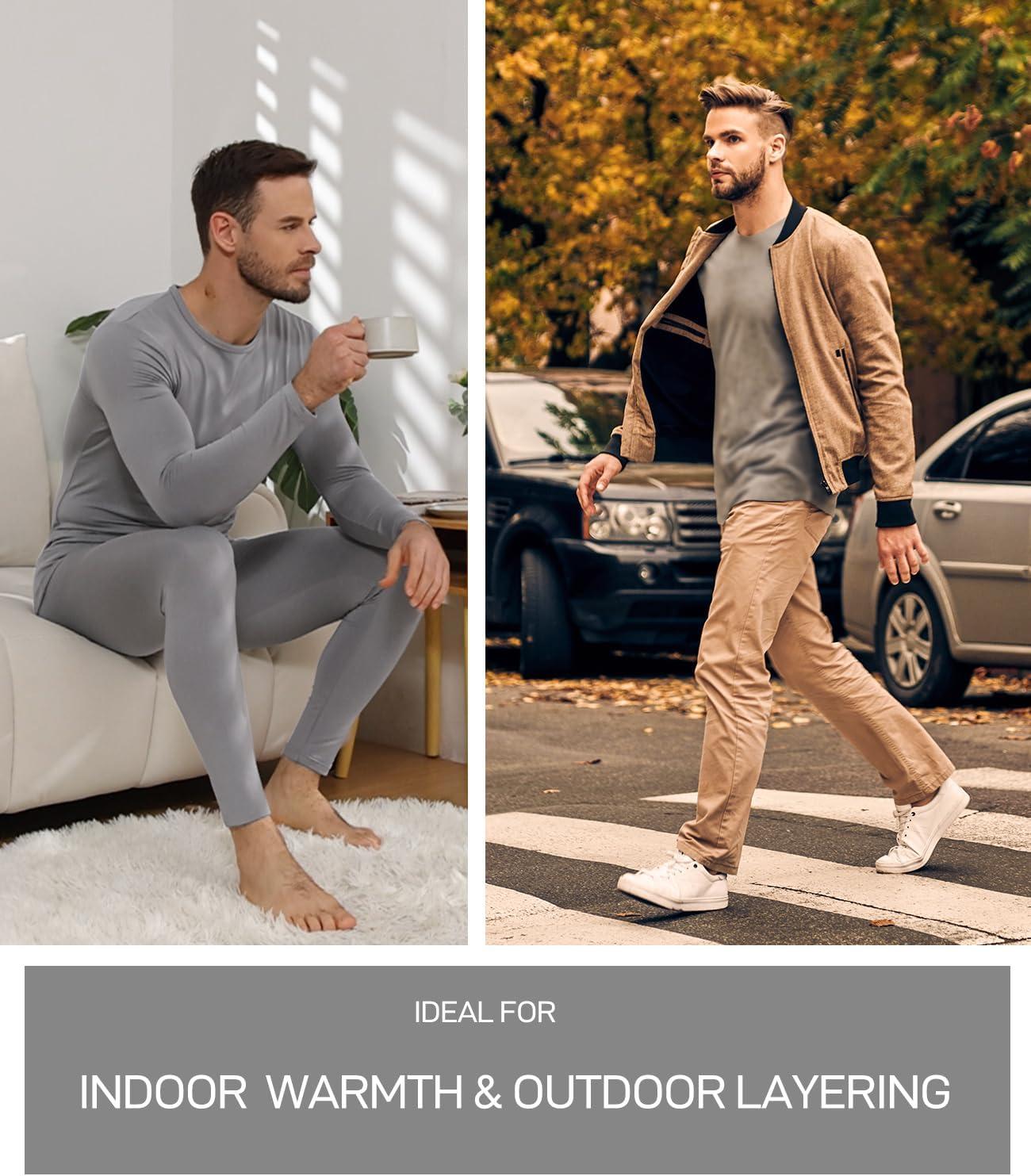 imagewirarpa Mens Long Johns Thermal Underwear Set Fleece Lined Base Layer Long Sleeve Top and Bottom for Winter WarmthLight Grey