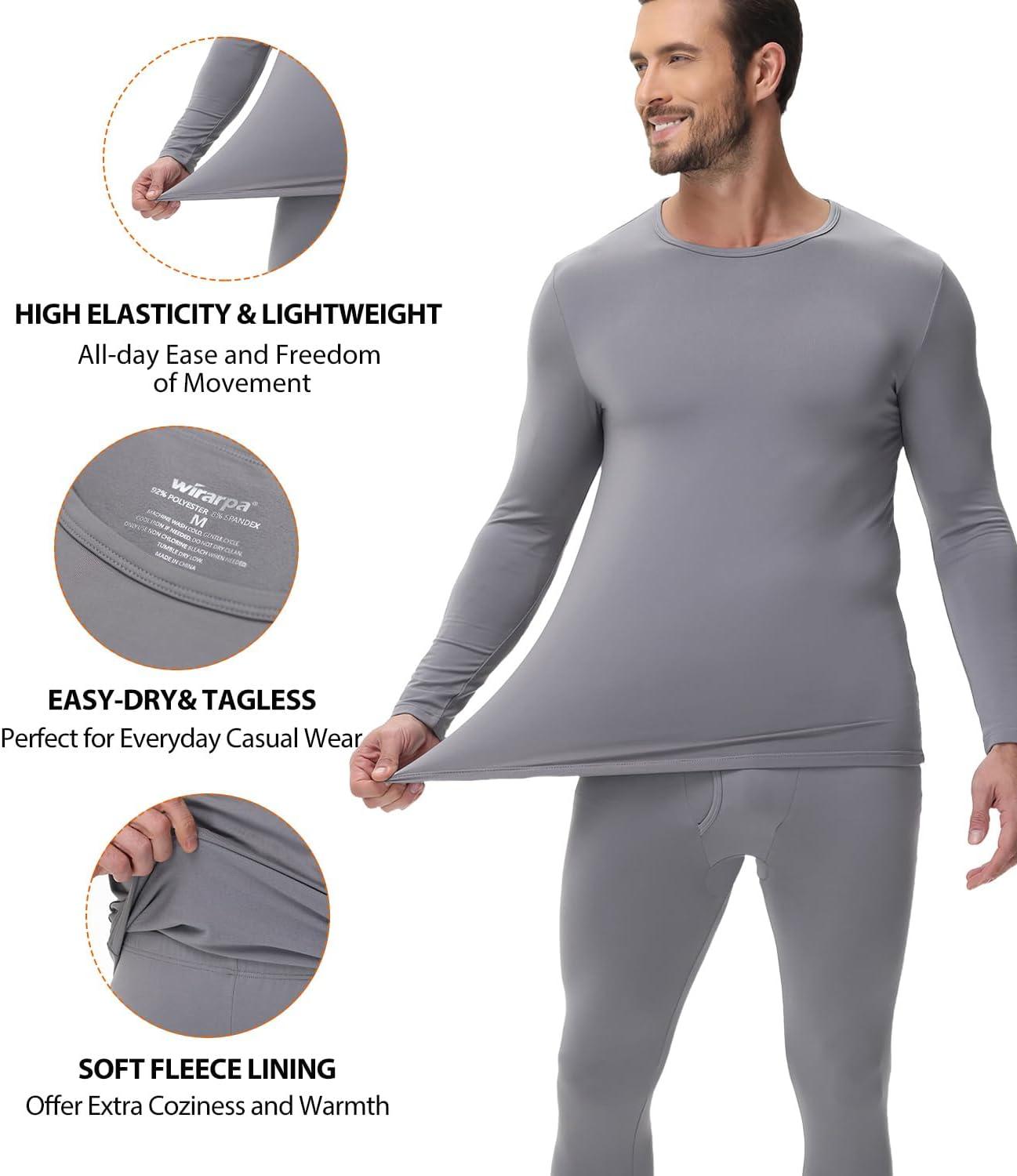 imagewirarpa Mens Long Johns Thermal Underwear Set Fleece Lined Base Layer Long Sleeve Top and Bottom for Winter WarmthLight Grey