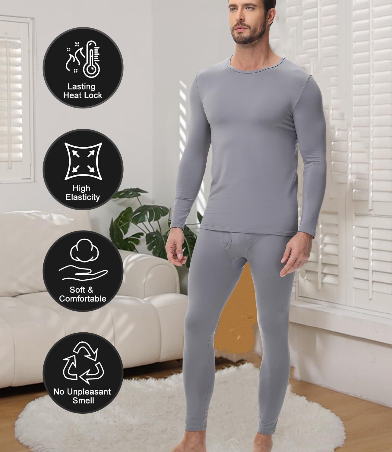 imagewirarpa Mens Long Johns Thermal Underwear Set Fleece Lined Base Layer Long Sleeve Top and Bottom for Winter WarmthLight Grey