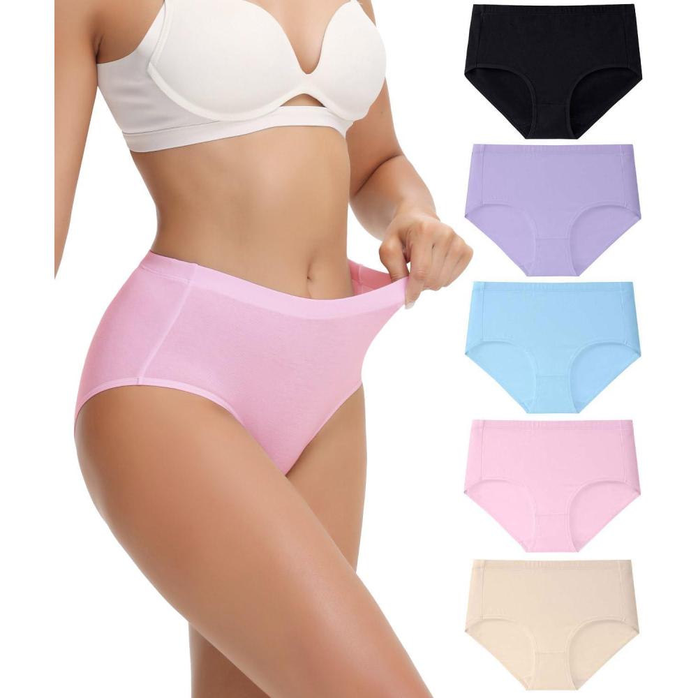 imagewirarpa Womens Cotton High Waisted Underwear Full Coverage Cotton Brief Panties 5 PackBlackLight PurpleLight BluePinkBeige