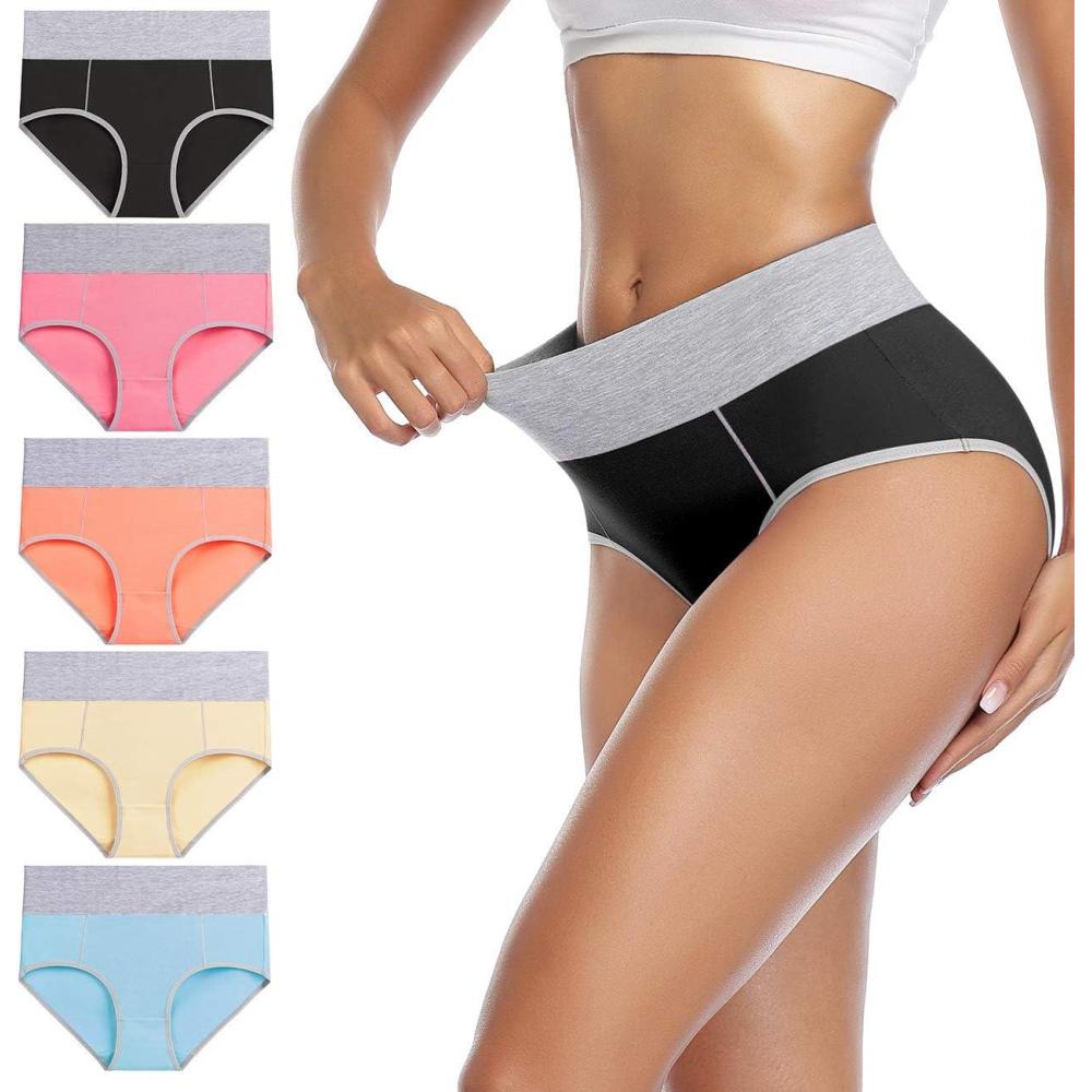 imagewirarpa Womens Cotton Underwear High Waist Stretch Briefs Soft Underpants Ladies Full Coverage Panties 5 PackBlack  Pink  Orange  Yellow  Light Blue
