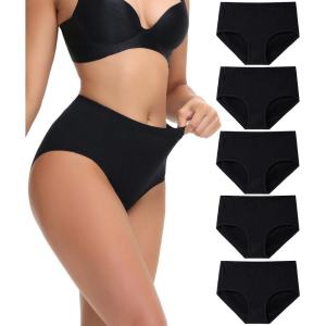 imagewirarpa Womens Cotton High Waisted Underwear Full Coverage Cotton Brief Panties 5 PackBlack5p