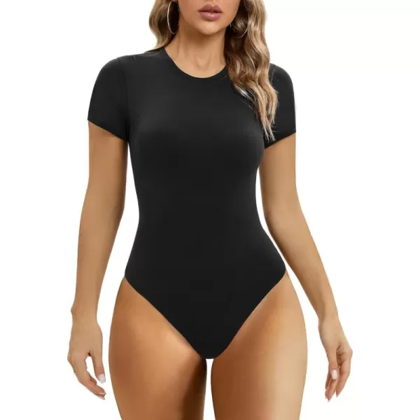 SHAPERX Body-Hugging T-shirt Bodysuit Tops for Women Soft Crew Neck Body Suits Thong Jumpsuit