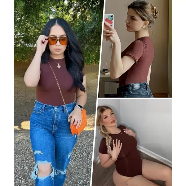 SHAPERX Body-Hugging T-shirt Bodysuit Tops for Women Soft Crew Neck Body Suits Thong Jumpsuit
