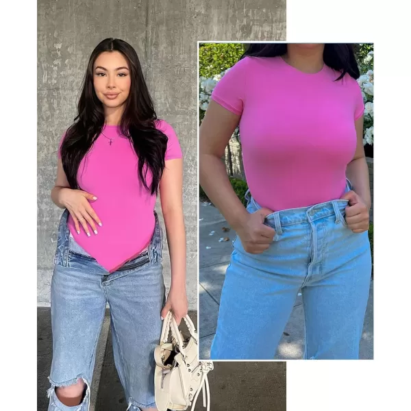 SHAPERX Body-Hugging T-shirt Bodysuit Tops for Women Soft Crew Neck Body Suits Thong Jumpsuit