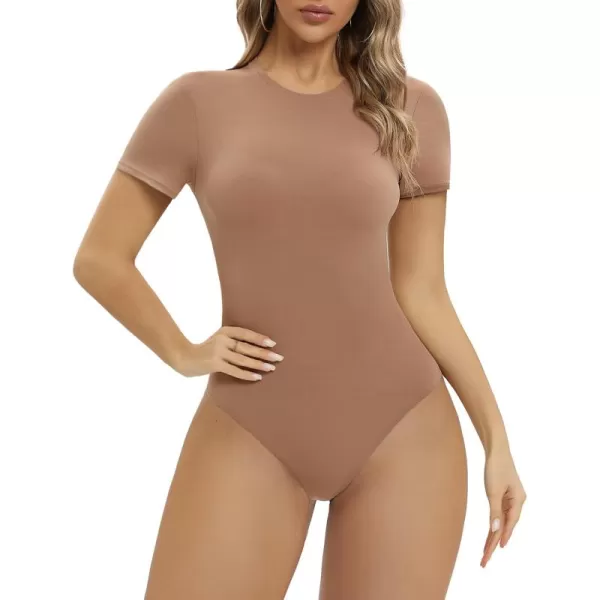 SHAPERX Body-Hugging T-shirt Bodysuit Tops for Women Soft Crew Neck Body Suits Thong Jumpsuit