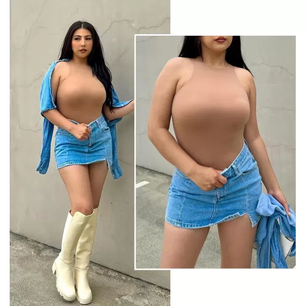 SHAPERX Body-Hugging T-shirt Bodysuit Tops for Women Soft Crew Neck Body Suits Thong Jumpsuit