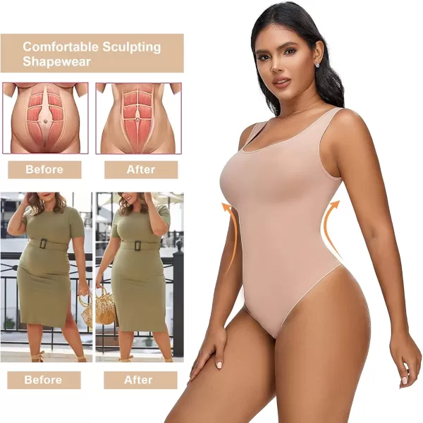 SHAPERX Bodysuit for Women Tummy Control Shapewear Scoop Neck Sculpting Thong Body Shaper Tank Top