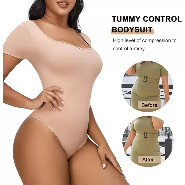 SHAPERX Seamless Short Sleeve Bodysuit for Women Tummy Control Shapewear Thong Sculpting Body Shaper