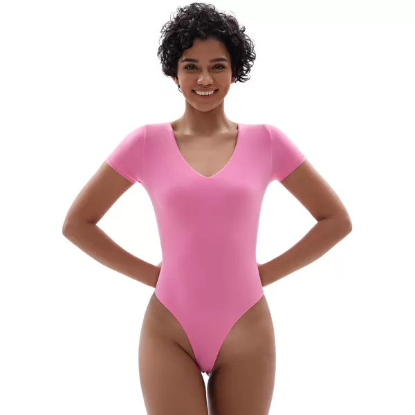 SHAPERX T-shirt Body Suits for Womens Soft Short Sleeve Bodysuit Sexy V Neck Tops Thong Jumpsuit