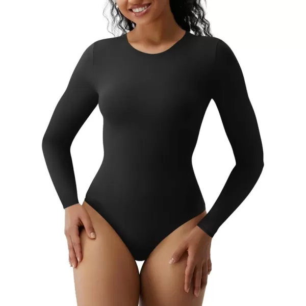 SHAPERX Women's Long Sleeve Crew Neck Bodysuit Soft Body-Hugging T-Shirt Fits Everybody