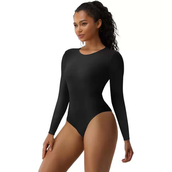 SHAPERX Women's Long Sleeve Crew Neck Bodysuit Soft Body-Hugging T-Shirt Fits Everybody