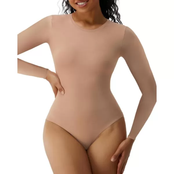 SHAPERX Women's Long Sleeve Crew Neck Bodysuit Soft Body-Hugging T-Shirt Fits Everybody
