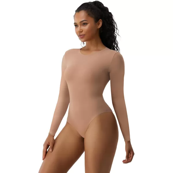 SHAPERX Women's Long Sleeve Crew Neck Bodysuit Soft Body-Hugging T-Shirt Fits Everybody