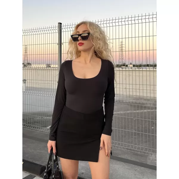 SHAPERX Women's Long Sleeve Crew Neck Bodysuit Soft Body-Hugging T-Shirt Fits Everybody