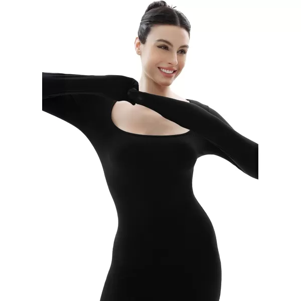 SHAPERX Women's Long Sleeve Dress Soft Lounge Sexy Ribbed Square Neck Bodycon Maxi Dresses