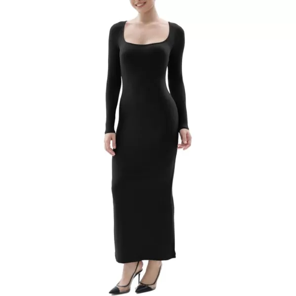 SHAPERX Women's Long Sleeve Dress Soft Lounge Sexy Ribbed Square Neck Bodycon Maxi Dresses
