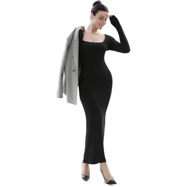SHAPERX Women's Long Sleeve Dress Soft Lounge Sexy Ribbed Square Neck Bodycon Maxi Dresses