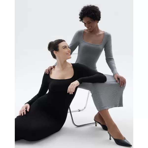 SHAPERX Women's Long Sleeve Dress Soft Lounge Sexy Ribbed Square Neck Bodycon Maxi Dresses