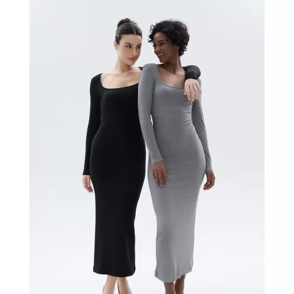 SHAPERX Women's Long Sleeve Dress Soft Lounge Sexy Ribbed Square Neck Bodycon Maxi Dresses