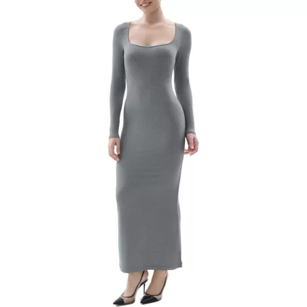 SHAPERX Women's Long Sleeve Dress Soft Lounge Sexy Ribbed Square Neck Bodycon Maxi Dresses