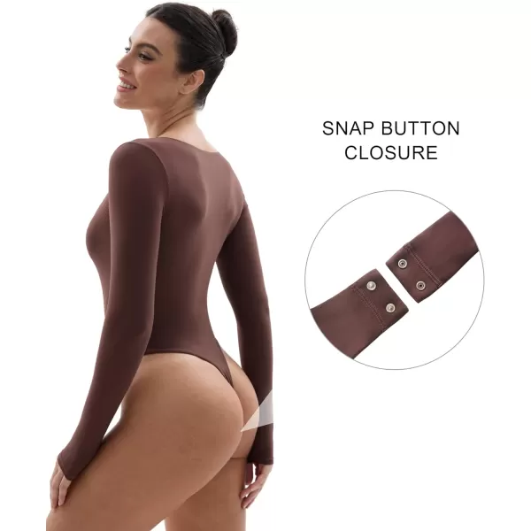 SHAPERX Women's Long Sleeve Bodysuit Fits Everybody Soft V Neck Basic Tops with Thong